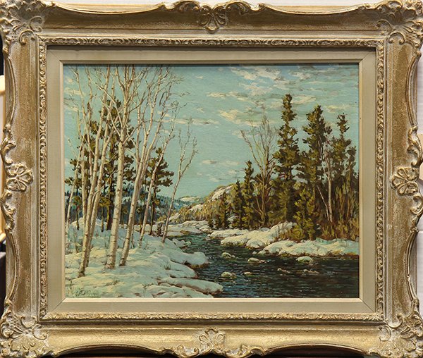 Painting, Otto Planding, Winter Snow Scene: Otto Planding (Canadian, 1887-1964), Winter Snow Scene, oil on masonite, signed lower left, overall (with frame): 23.25"h x 27.5"w