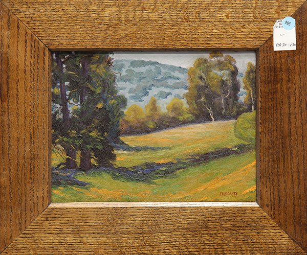Painting by Jesse Don Raspberry: Jesse Don Raspberry (American, b. 1940), Sunlight on the Foothills, oil on canvas, signed lower right, overall (with frame): 14.5"h x 17.5"w