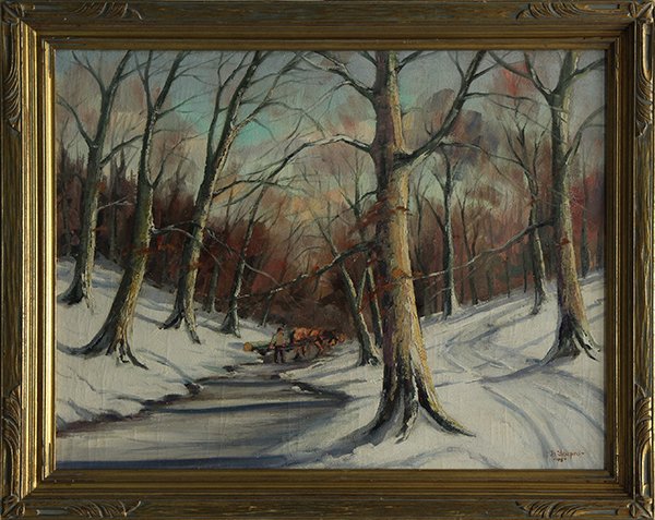 Painting, Bernard Shepro: Bernard Shepro (American, 1894-1974), Winter Logging, 1948, oil on canvas, overall (with frame): 32.5"h x 40.5"w