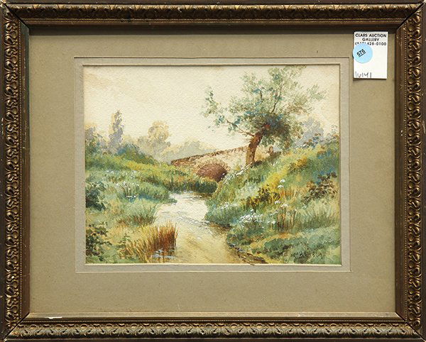 Watercolor, Bridge with Quite Stream: British School (late 19th century), Bridge with Quite Stream, watercolor, signed ''H Wilson'' lower right, overall (with frame): 13''h x 16''w