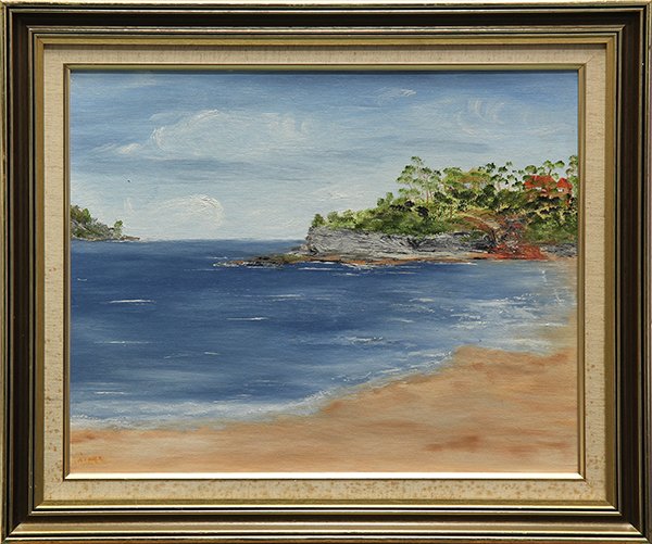 Painting, Tropical Shoreline: Continental School (20th century), Tropical Shoreline, acrylic on canvas board, unsigned, overall (with frame): 20.75''h x 24.5''w