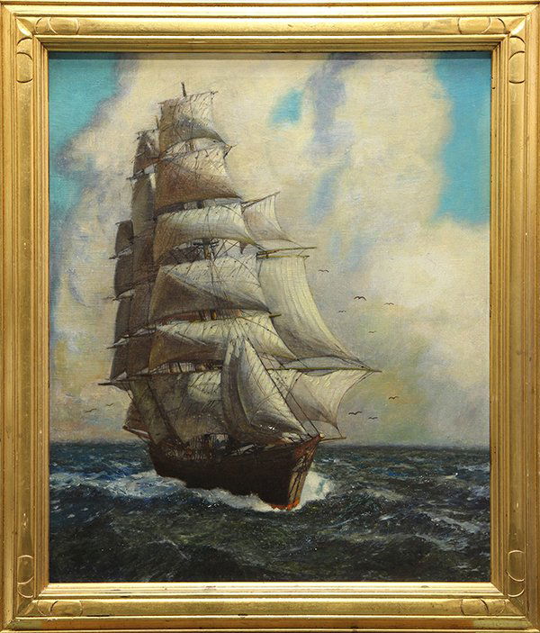 Painting, Hernando Gonzallo Villa: Hernando Gonzallo Villa (American, 1881-1952), "Under Full Sail," oil on canvas, unsigned, canvas: 30"h x 24"w, overall (with frame): 34.75''h x 29.75''w