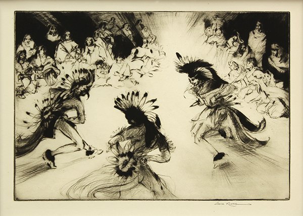 Print, Gene Kloss, Indian Friendship Dance: Gene Kloss (American, 1903-1996), ''Indian Friendship Dance,'' 1953, drypoint etching, pencil signed lower right, edition size 200, published by The Society of American Graphic Artists (New York, NY),