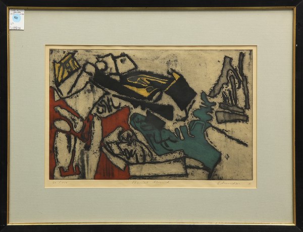 Print, Leonard Edmondson, Burial Mound: Leonard Edmondson (American, 1916-2002), "Burial Mound," color lithograph with embossing and aquatint, pencil signed lower right, edition 60/210, overall (with frame): 20.75"h x 26.75"w