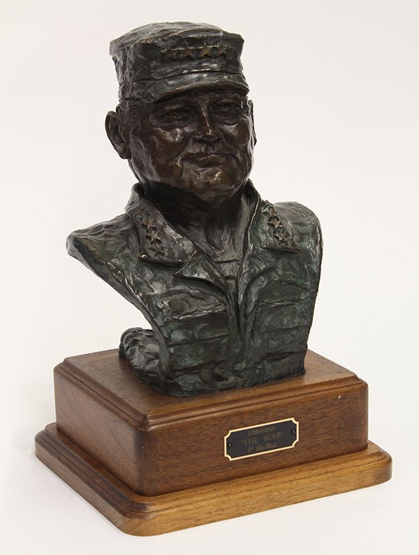 Bronze, Virginia Wood, Schwarzkopf - The Bear: Virginia Wood (American, 1930-2008), "Schwarzkopf - The Bear (Bust of General Norman Schwarzkopf, Jr)," bronze sculpture, signed lower back, edition 10/200, titled lower center, overall (with wood bas