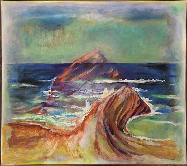 Painting by Frederick S. Wight: Frederick S. Wight (American, 1902-1986), "The Sea Gains- The Loss of Signal Point," 1984, oil on canvas, canvas: 48"h x 54"w, overall (with frame): 48.75"h x 54.5"w