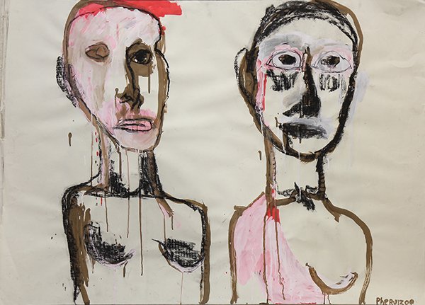Works on paper, Phe Ruiz: (lot of 2) Phe Ruiz (American, b.1965), Three Figures (2000) and ''Serious'' (2000), acrylic on paper and acrylic, charcoal and chalk on paper, each signed and dated lower rights, artist title label a