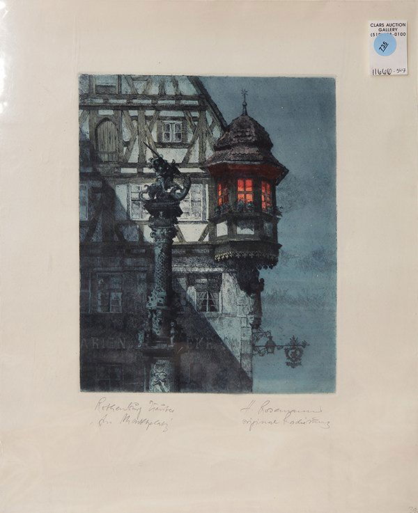 Print, German school, 20th century: German school (20th centruy), Rothenburg, Germany cottage at night, color etching, signed indistinctly lower right, unframed sheet: 17"h x 13.57"w