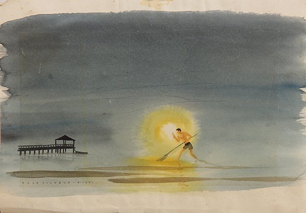 Watercolors, Dale Nichols: (lot of 2) Dale Nichols (American, 1904-1995), "Biloxi", watercolor, signed and titled lower left, titled verso and Ships sailing at Sunset, double sided watercolor signed lower right, largest sheet (
