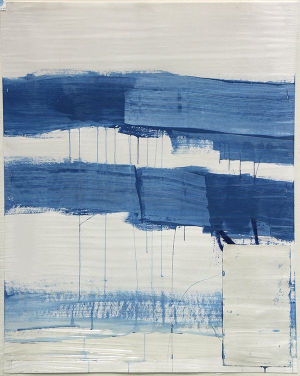 Work on paper, James (Jim) Vetter: James (Jim) Vetter (Californian, Contemporary), ''White Circle, Blue Circle, 2000, acrylic and collage on paper, sheet (unframed): 40''h x 32''w, overall (with mat): 42''h x 34''w. Provenance: Fred Sp
