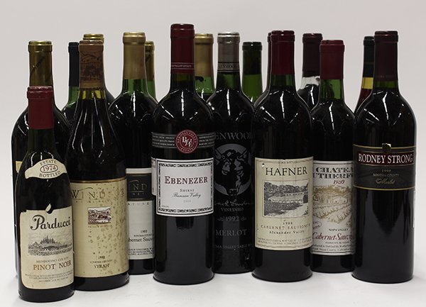 California wine group: (lot of 17) California wine group including a 1988 and 1990 Hafner Cabernet Sauvignon Alexander Valley, USA; a 1992 Kenwood Vineyards Jack London Merlot, Sonoma Valley, USA; a 2004 Ebenezer Shiraz, Ba