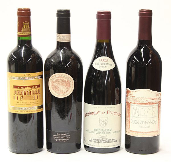 French and California wine group: (lot of 23) French and California wine group, including 2006 Ridge Zinfandel, Ponzo Vineyard, Russian River Valley, USA; 2005, USA; 2005 Obsidian Ridge Cabernet Sauvignon, Obsidian Ridge Vineyard, Red