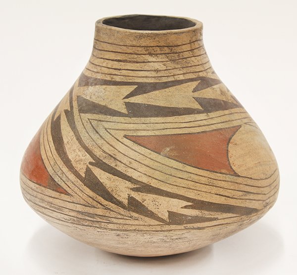 Casas Grandes pre-historic jar: Casas Grandes pre-historic jar, Northern Mexico, circa 800 AD - 1200 AD, having a paint decorated surface with linear banding, and polychrome geometric designs, 7"h x 6"dia