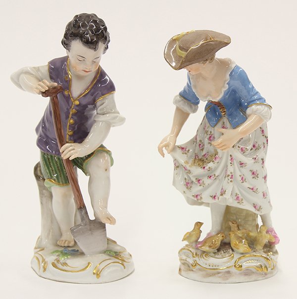 (lot of 2) Meissen porcelain figurines: (lot of 2) Meissen porcelain figurines, 19th and early 20th centuries, consisting of a young man digging with a shovel, rising on an oval Rococo style base, with Meissen bi-centennial mark of crossed