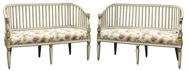 Pair of French Louis XVI style settees: Pair of French Louis XVI style paint decorated and partial gilt settees, late 18th / 19th century, each having a contoured back with spindle supports continuing to the block and turned returns, and ri