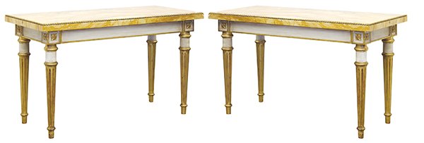 Pair of Neoclassical style console tables: Pair of Neoclassical style console tables, each having a variegated stone top surmounting the polychrome and partial gilt decorated base, rising on turned fluted legs, 29"h x 45"w x 22"d