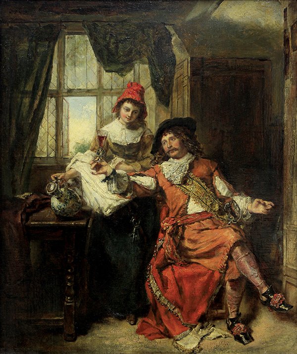 Painting, Daniel Pasmore, The Toast, 1884: Daniel Pasmore (British, 1829-1891), "The Toast," 1884, oil on canvas, signed and dated lower left, gallery title label (United Art Gallery, London) affixed verso, canvas: 23.5"h x 19.5"w, overall (wi