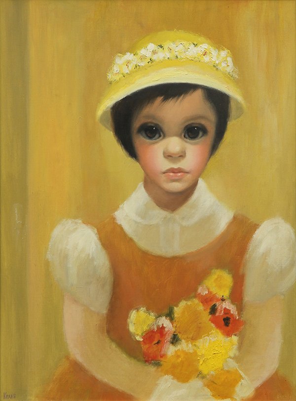 Painting by Margaret D.H. Keane: Margaret D.H. Keane (American, b. 1927), "Girl in Waiting," circa 1955, oil on canvas, signed lower left, canvas: 24"h x 18"w, overall with frame): 35"h x 25.25"w. Note: Certificate of authenticity an