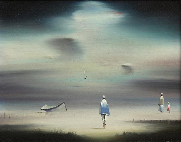 Painting, Robert Watson, By The Shore: Robert Watson (American, 1925-2004), Three Figures by the Shore, oil on board, signed lower right, titled verso, sight: 7.5"h x 9.5"w, overall (with frame): 11.5"h x 13.5"w