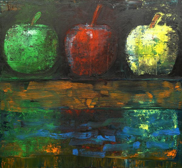 Painting, Aaron Fink: Aaron Fink (American, b. 1955), Three Apples, 1988, oil on linen, signed and dated verso, The Alpha Gallery Boston, MA, label affixed verso, canvas (unframed): 66"h x 72"w