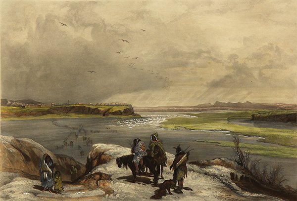 Print, Karl Bodmer: Karl Bodmer (Swiss, 1809-1893), Fort Clark, on the Missouri (February 1834), aquatint and handcolored engraving, 1922, sheet: 18.875"h x 25.5"w