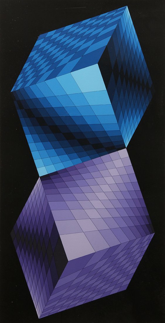 Prints, Victor Vasarely, Meta: (lot of 2) Victor Vasarely (French/Hungarian, 1906-1997), Double Spheres and Double Squares from "Meta," 1976, color screenprints, each signed in pencil lower right, edition 134/225, published by Deni