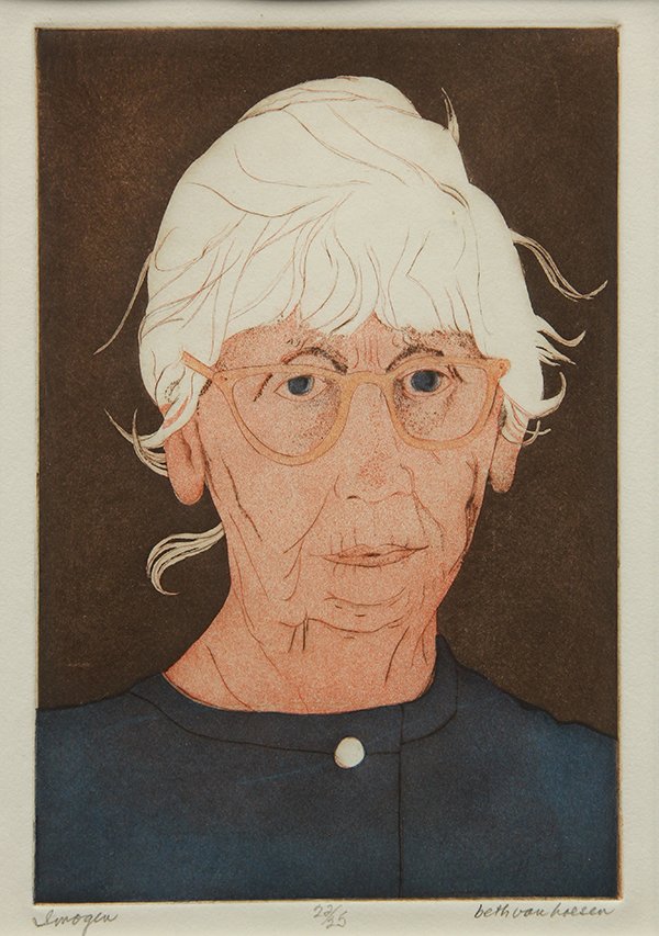 Print, Beth Van Hoesen, Imogen: Beth Van Hoesen (American, b. 1926), "Imogen," color etching and aquatint, pencil signed lower right, titled lower left, edition 22/25, sight: 9.5"h x 7"w, overall (with frame): 20.25"h x 16.25"w