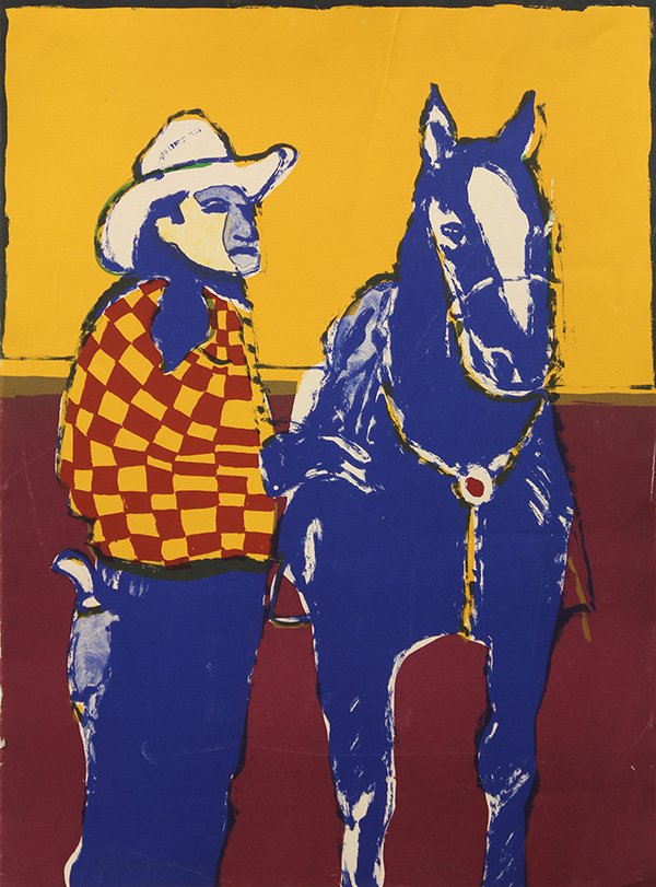 Print, Fritz Scholder: Fritz Scholder (Native American, 1937-2005), Cowboy with Horse, color lithograph, signed in pencil lower left, edition 21/150, sheet (unframed): 30"h x 22.5"w