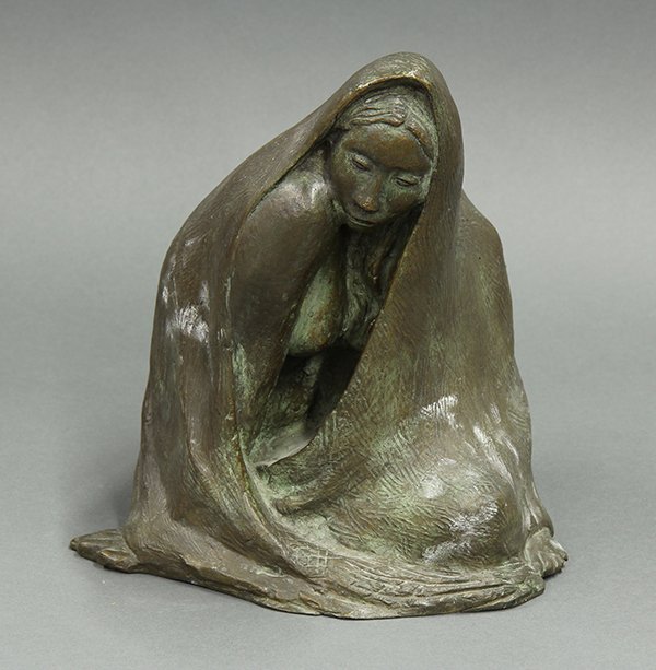Bronze Sculpture, Jose Kuri-Brena: Jose Kuri-Brena (Latin American, 1914-2004), "Woman with Shawl," 1976, bronze sculpture, initialed verso and dated, overall: 9"h x 9"w x 8"d. Note: Galeria de Arte Castellanos COA accompanies lot.