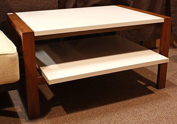 VKG for Brown & Saltman occasional table: VKG for Brown & Saltman occasional table, executed in teak and white laminate, the rectangular top above the lower tier, which telescopes forward, 18.5"h x 34.5"w 24"d, with a 12.5" extension surface