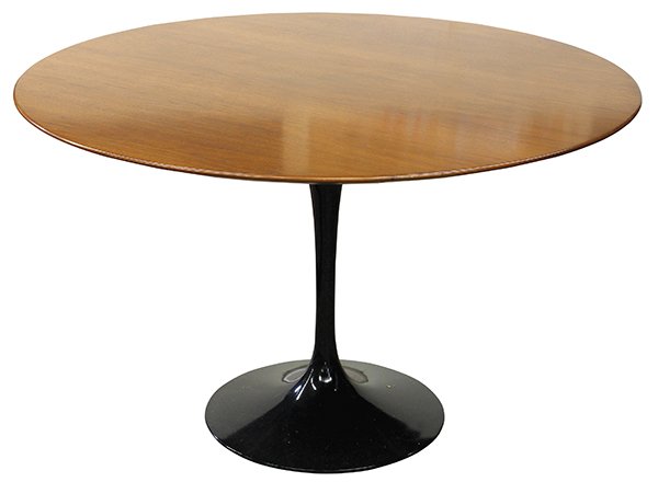 Mid Century Modern Eero Saarinen for Knoll "Tulip": Mid Century Modern Eero Saarinen for Knoll "Tulip" table, the circular walnut top, surmounting the ebonized pedestal base, labeled on underside, 29"h x 47"dia.