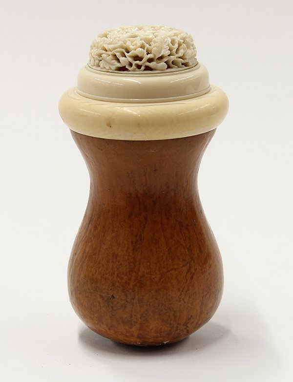 Chinese Gourd Cricket Cage: Chinese gourd cricket cage, 19th/20th century, with a flared neck and a pear shaped lower body, the domed lid reticulated with gourds and tendrils, 4.75"h; Provenance: Property from a private collecti