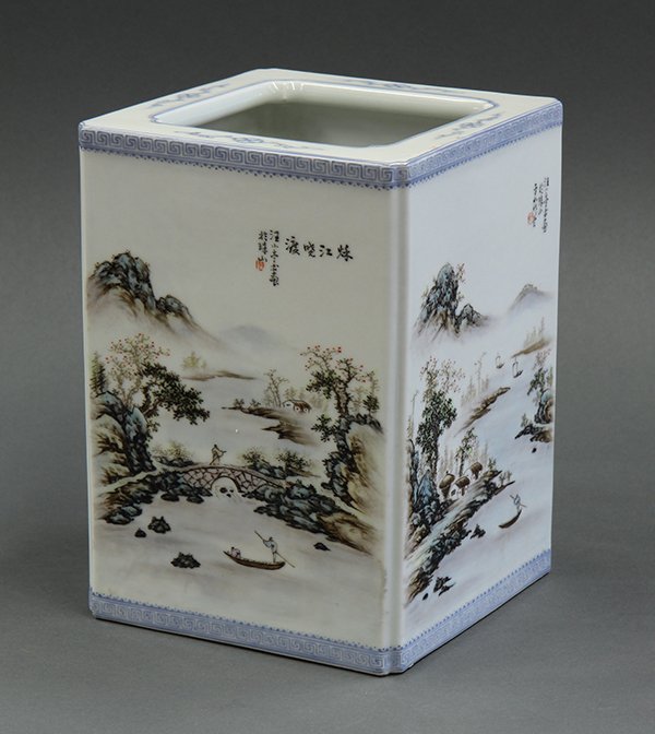 Chinese Porcelain Square Brush Pot: Chinese porcelain square brush pot, each side decorated with a landscape painting and bearing the signature 'Wang Xiaoting', key- fret on the top and bottom, with flowers and tendrils to the rim, 8.75