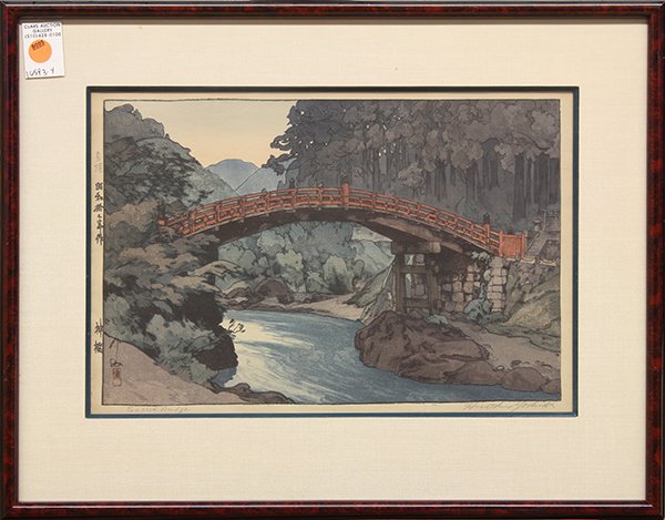 Japanese Woodblock Print, Yoshida Hiroshi , Jizuri: Yoshida Hiroshi (Japanese, 1876-1950), 'Sacred Bridge', woodblock print, lower left with the signature and seal, lower margin with the pencil signature and title, left margin with the title, dated Sho