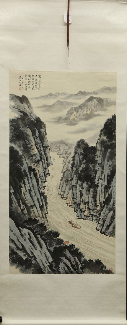 Chinese Scroll, after Song Wenzhi, Landscape: After Song Wenzhi (Chinese, 1919-1999), Landscape with Sail Boats in the Gorge, ink and color on paper, with colophon on the upper left, bearing signature 'Lou Jiang Wenzhi' and sealed 'Wenzhi', paint