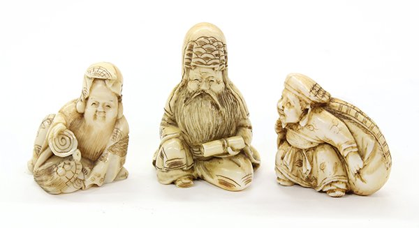 Japanese Three Ivory Netsuke, 19c: (lot of 3) Japanese ivory/marine ivory netsuke, 19th century, Daikokuten, Fukurokuju and and Jurojin from the seven gods of fortune, tallest: 1.75"; Provenance: Property from a private collection to b