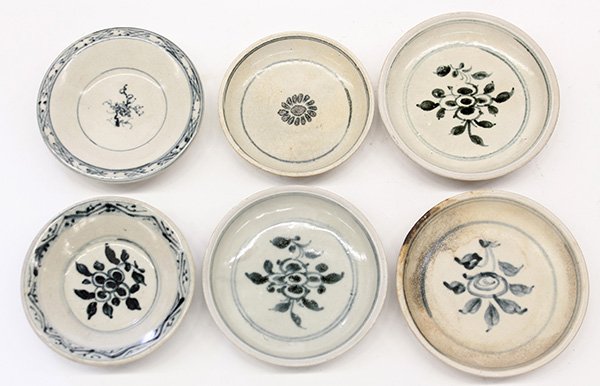 Six Vietnamese Underglazed Small Plates: (lot of 6) Vietnamese underglazed small plates, each decorated with flowers or geometric patterns from the Hoi An Hoard, 4.125"w