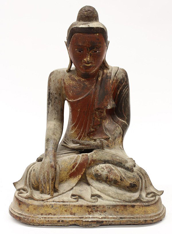 Thai Gilt Bronze Buddha: Thai gilt lacquered bronze Buddha, adorned in a monk's robe and seated with hand in bhumispharsa, 15.5"h