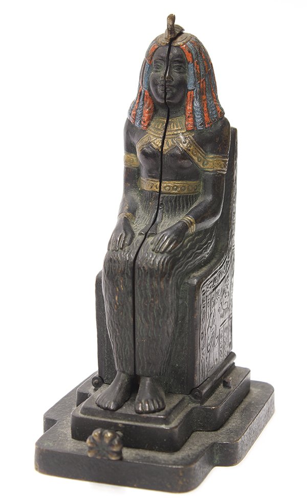 Austrian cold painted bronze erotic sculpture: Austrian cold painted bronze erotic sculpture, by Franz Xavier Bergman, depicting a seated Egyptian beauty that is hinged and opens to reveal a gilt nude beauty adorned in jewels, marked with a 'B' in