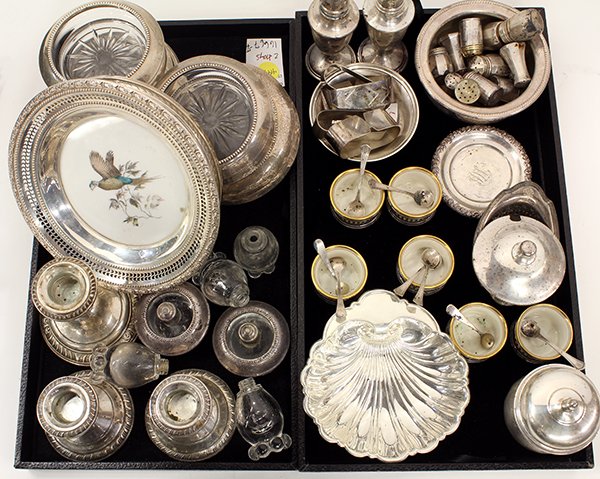 Sterling silver and glass table articles: (lot of approx 61) Sterling silver and glass table articles, including (6) Lenox salt cellars with pierced sterling collars and spoons, (12) individual sterling salt and pepper shakers, a Gorham sterl