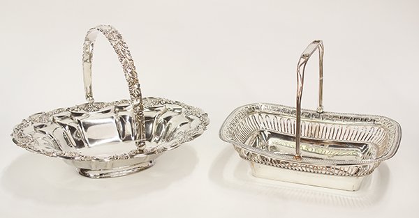 Victorian style silver plate table articles: (lot of 2) Victorian style silver plate table articles consisting of a handled flower basket having a repeating geometric rim above a pierce decorated border; together with a wedding basket, having a 