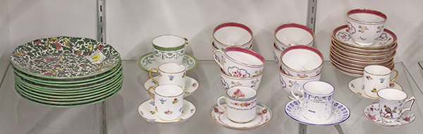 Group of associated tableware: (lot of 27) Group of associated tableware, including (10) Royal Doulton salad plates in the Persian pattern, 8.25" dia; (4) Minton cups and saucers, and (9) New Chelsea Staffordshire cups and saucers 