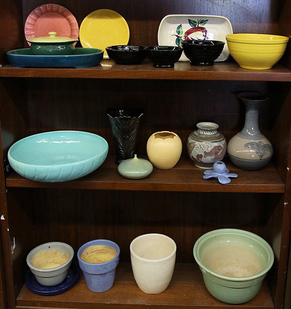 Pottery bowls, vases, and planters: (lot of 32) Pottery consisting of mixing, serving, and center bowls; bulbous, shoulder, and amphora vases; assorted planters by Bauer, Frankoma, Vermont Bennington Potters, Weller, and Hall