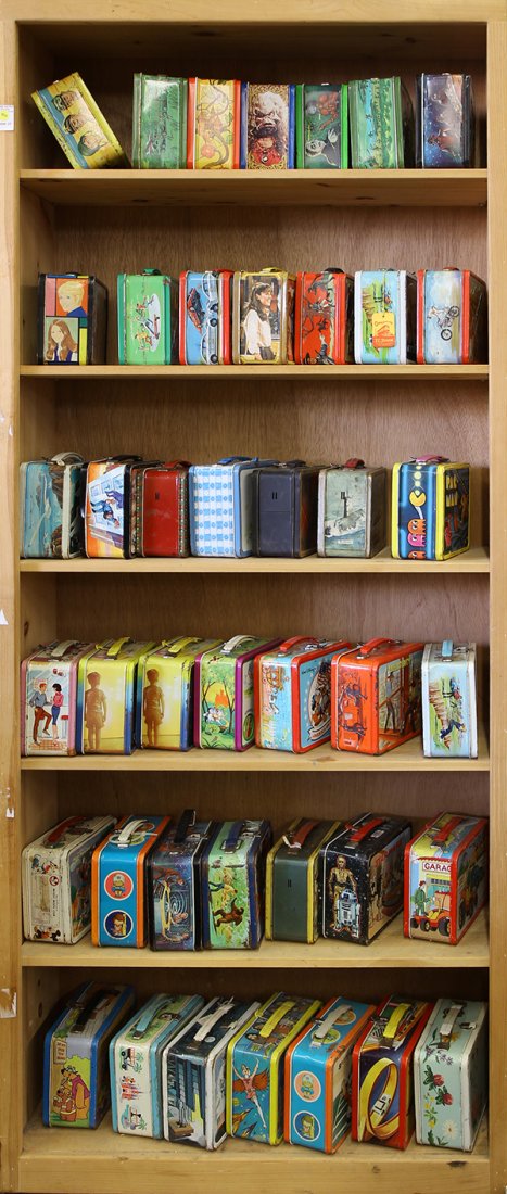 Collection of vintage metal lunch boxes: (lot of 42) Collection of vintage metal lunch boxes, including The Bionic Woman; Pac Man; Mork and Mindy; The Black Hole; The Partridge Family; The Dukes of Hazzard; Star Wars; Roy Rogers and Dale Eva