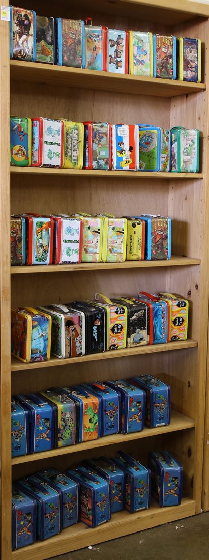 Collection of vintage metal lunch boxes: (lot of 43) Collection of vintage metal lunch boxes, including Yankee Doodles; Star Wars: Return of the Jedi; Gremlins; He-Man and the Masters of the Universe; James Bond Secret Agent 007; Dragon's La