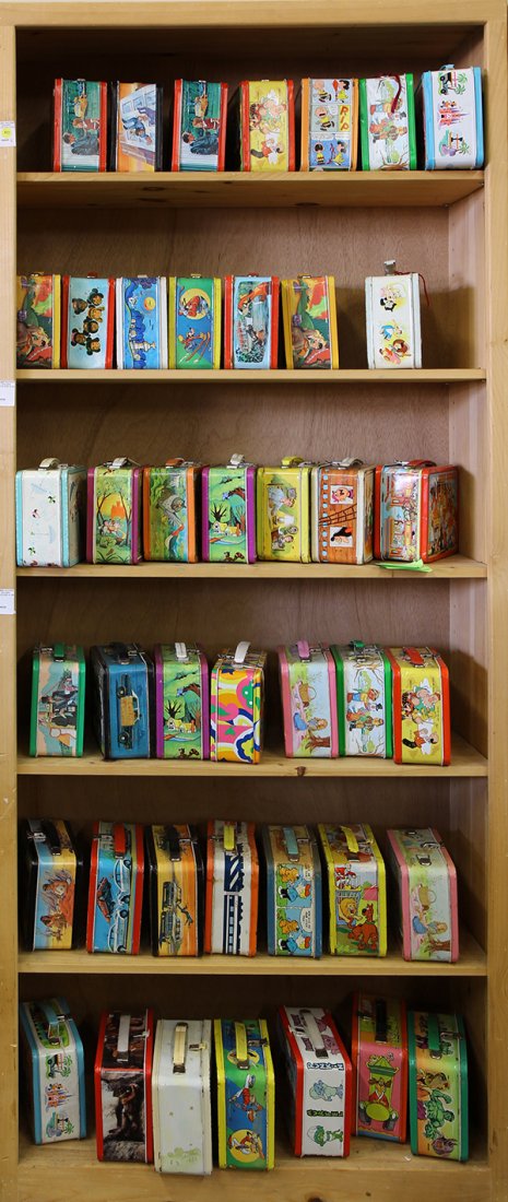 Collection of vintage metal lunch boxes: (lot of 42) Collection of vintage metal lunch boxes including The Legend of the Lone Ranger; The Dukes of Hazzard; The Fall Guy; Heathcliff; Pete's Dragon; Snow White and the Seven Dwarfs; Junior Miss