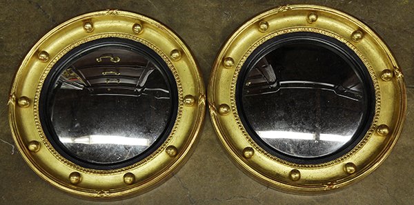 Carved gilt framed convex mirrors, 12": (lot of 2) Pair of Federal style carved gilt framed bullseye mirrors, 12"
