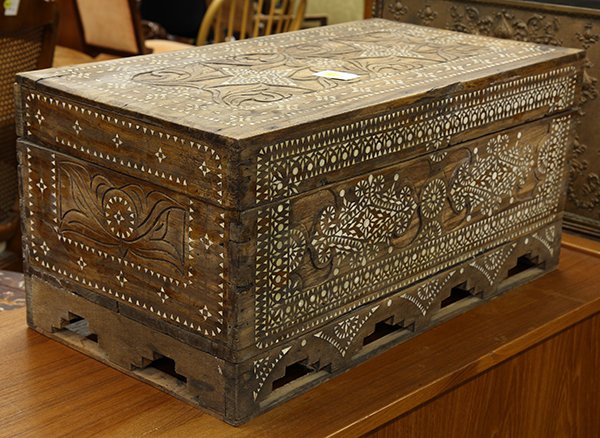Small Indonesian mother of pearl inlaid trunk: Small Indonesian mother of pearl inlaid trunk, having repeating geometric designs, 11.5"h x 24.5"w x 13"d