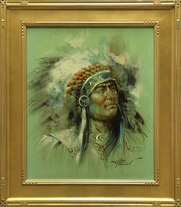 Painting by William Hoffman: William Hoffman (American, 1924-1995), Portrait of an Indian, oil on canvas, signed lower right, overall (with frame): 31.5"h x 27.5"w
