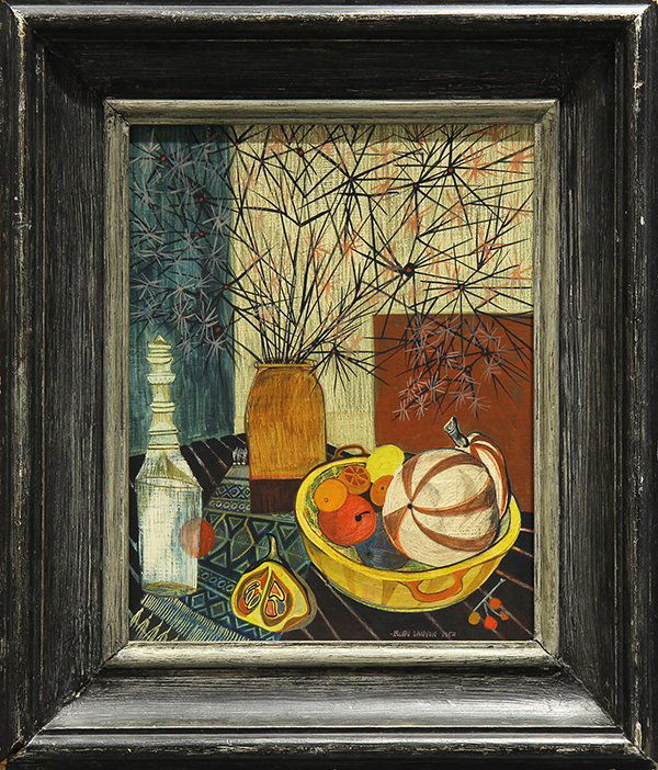 Painting, Ellen Lanyon: Ellen Lanyon (American, 1926 - 2013), Still Life of Fruit, Flowers and Pitcher, 1952, oil on board, signed and dated lower right, overall (with frame): 17''h x 14.75''w